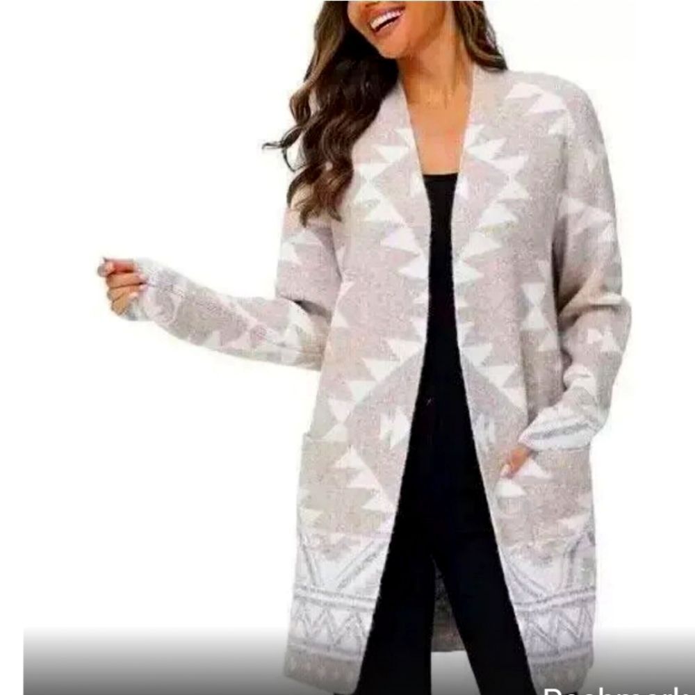 Frye Gray and Cream Cardigan Sweater with Open Front and Long Length